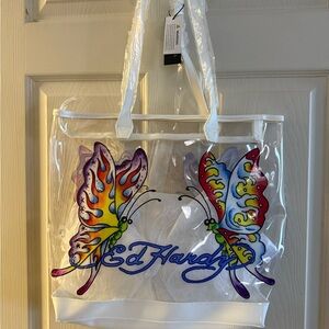 Ed Hardy Clear Tote with Colorful Butterfly Design